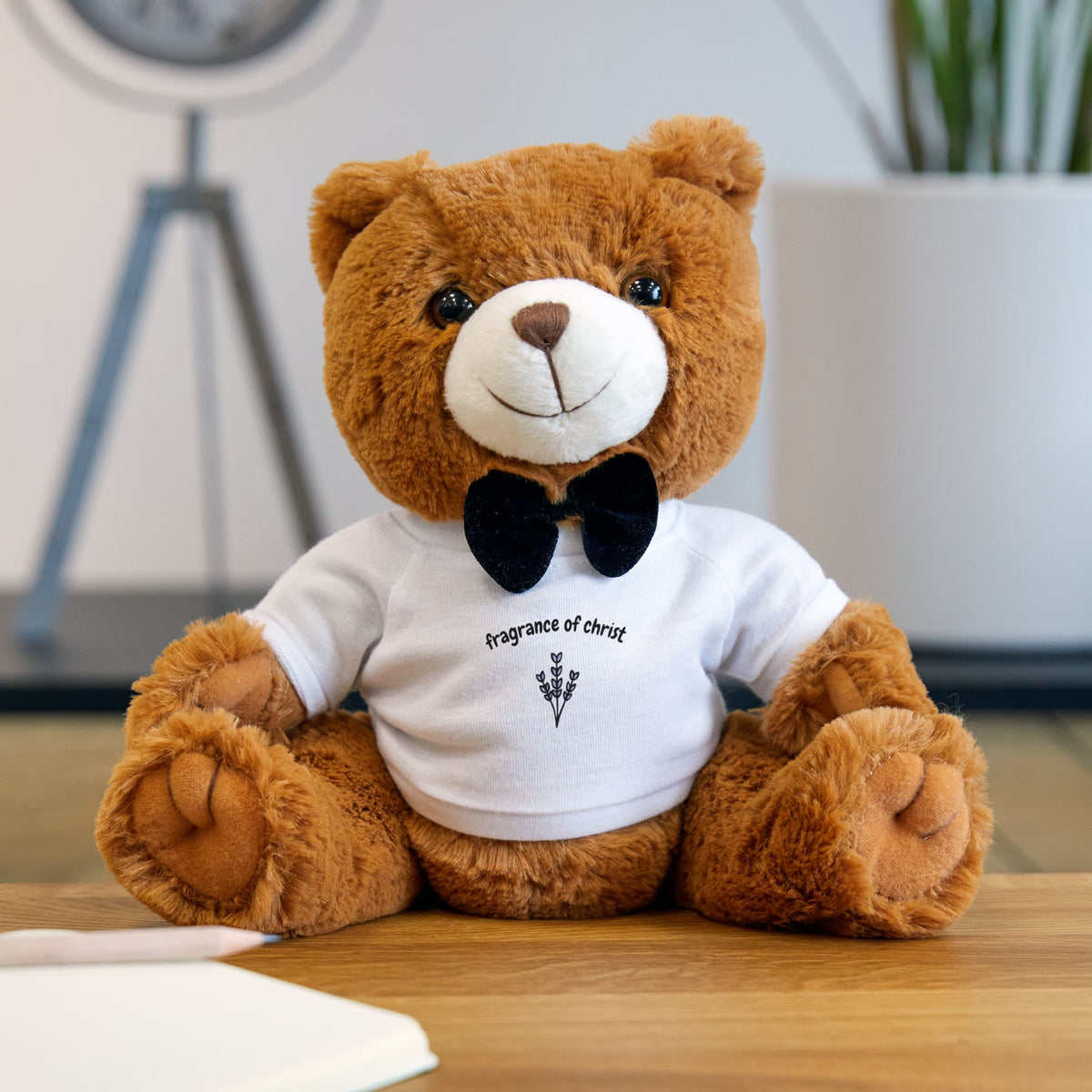 Brown Plush Teddy Bear with White T-Shirt & Bow - Cute Gift for Kids, Baby Shower & Valentine’s