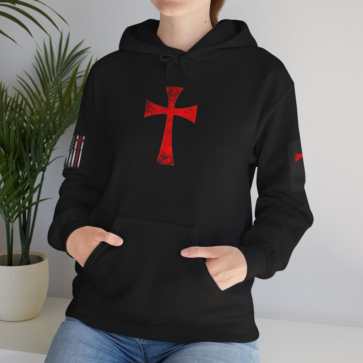 Christian Flag Cross Hoodie - Red Cross American Flag Christian Hoodie