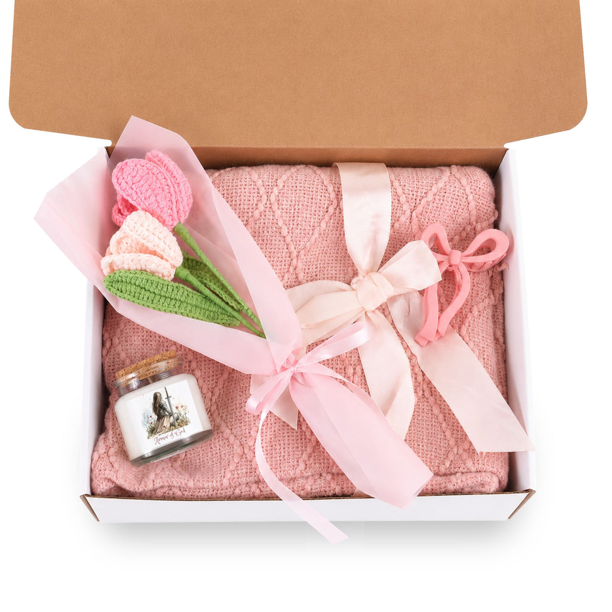 Blush & Bloom Gift Set — Prayer Candle, Pink Knit Blanket, Crochet Flower Bouquet & Bow Clip