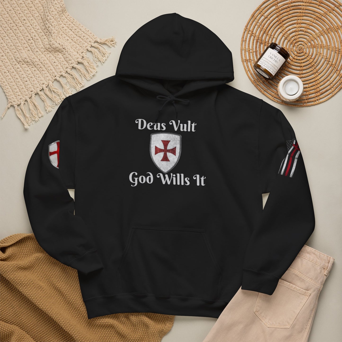 Crusader Cross Hoodie-"Deus Vult/God Wills It" Patriot Flags Graphic