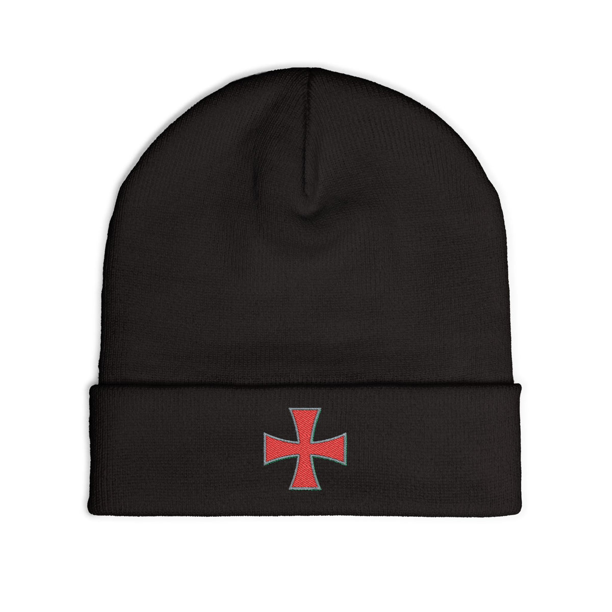 Embroidered Red Crusader Cross Knit Beanie - Gothic Streetwear Winter Hat