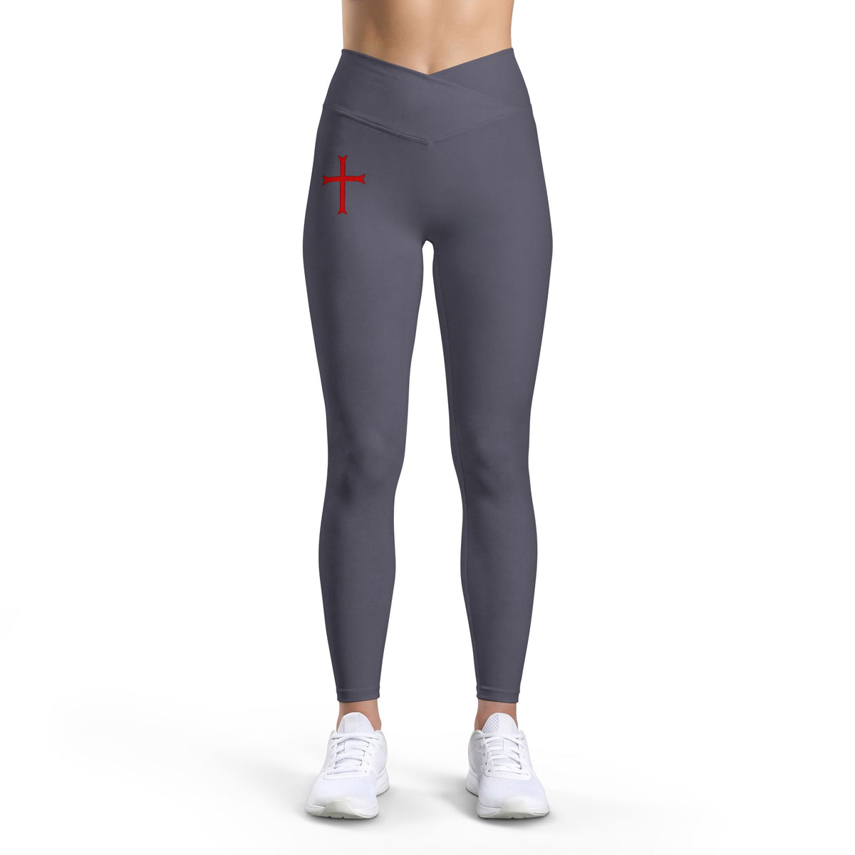 Women’s Black Leggings with Red Crusader Cross Accent — Luxe High-Waist Activewear