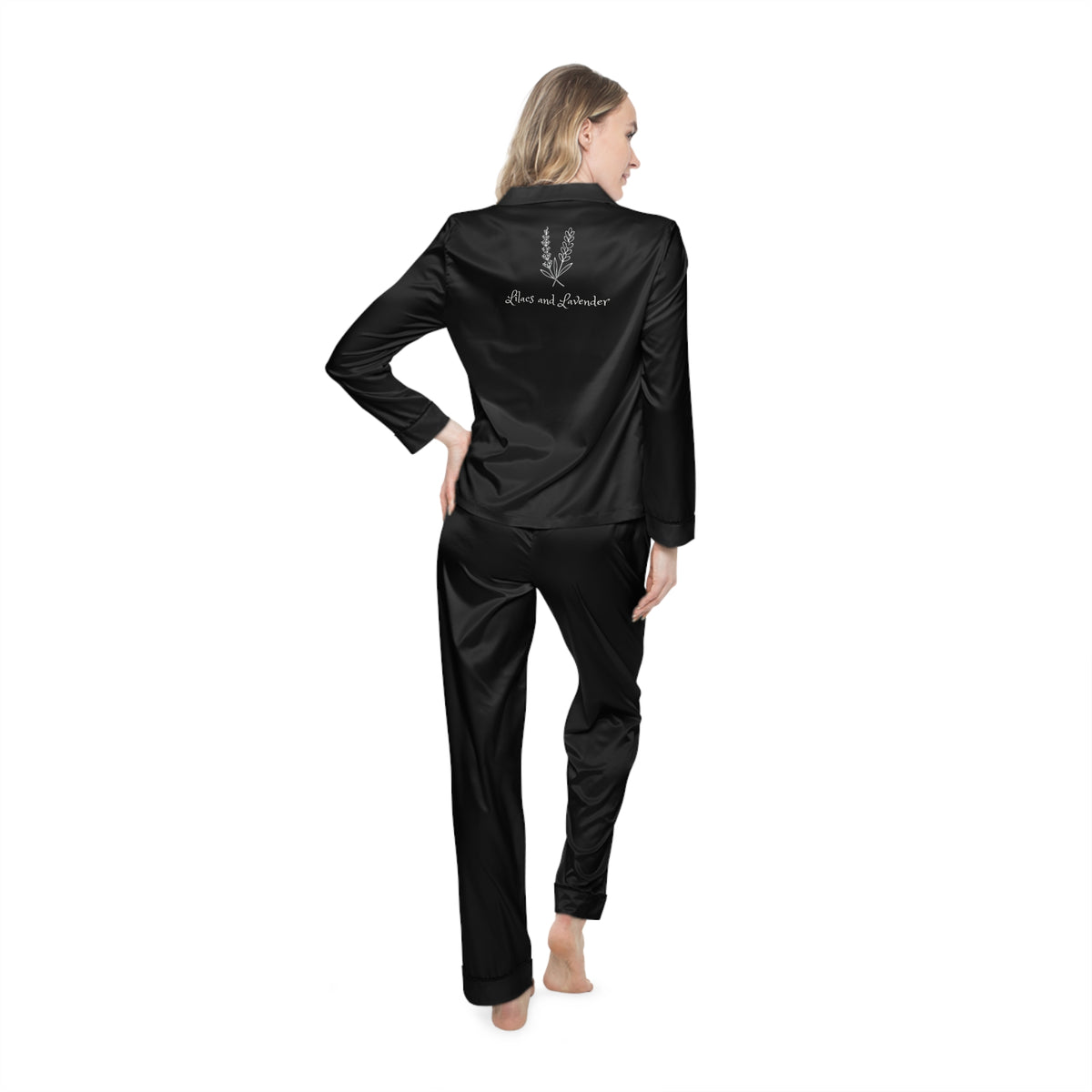 Black Satin Pajama Set — Women's Luxury Sleepwear with 'Lilacs and Lavender' Back Script