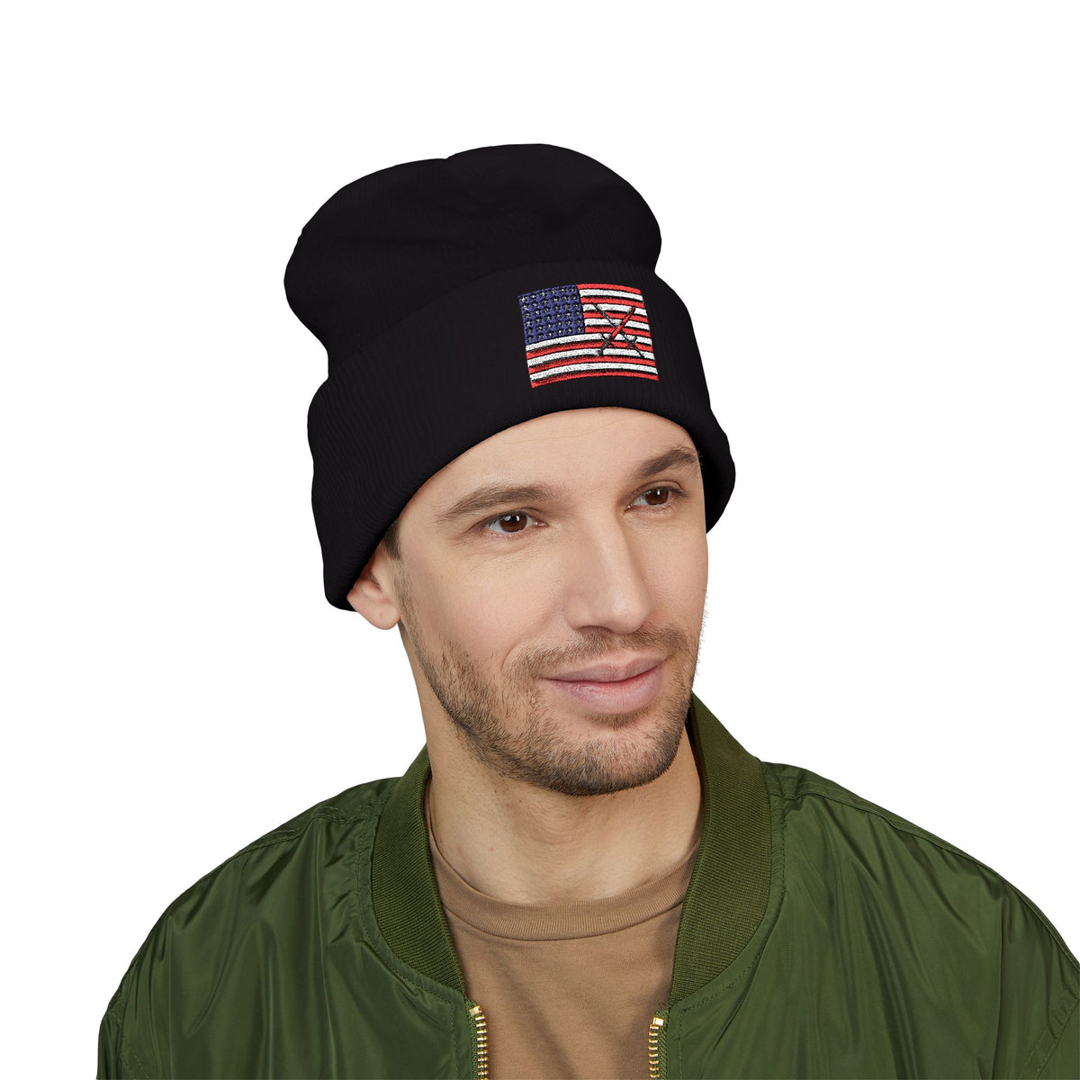 Embroidered American Flag Cuffed Beanie  with Crusader Swords Crossed — USA Patriotic Knit Hat