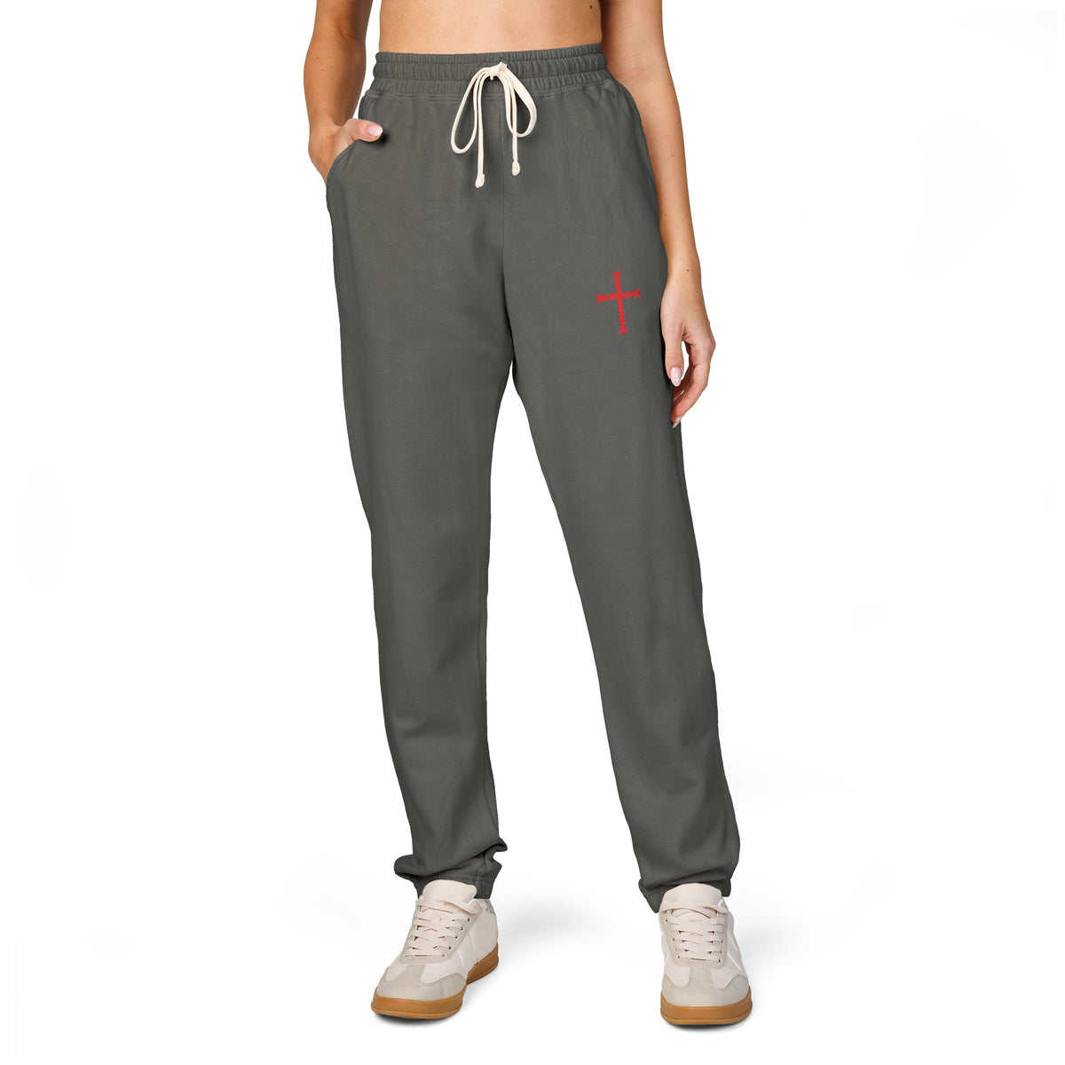Embroidered Red Crusader Cross Fleece Sweatpants