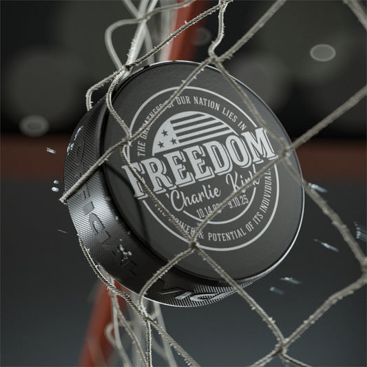 Memorial Hockey Puck – "Freedom" Tribute with Name & Dates (Charlie Kirk)
