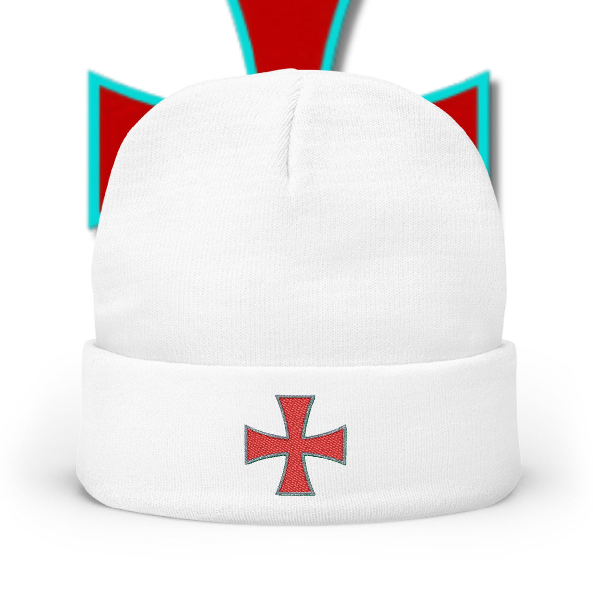 Embroidered Red Crusader Cross Knit Beanie - Gothic Streetwear Winter Hat