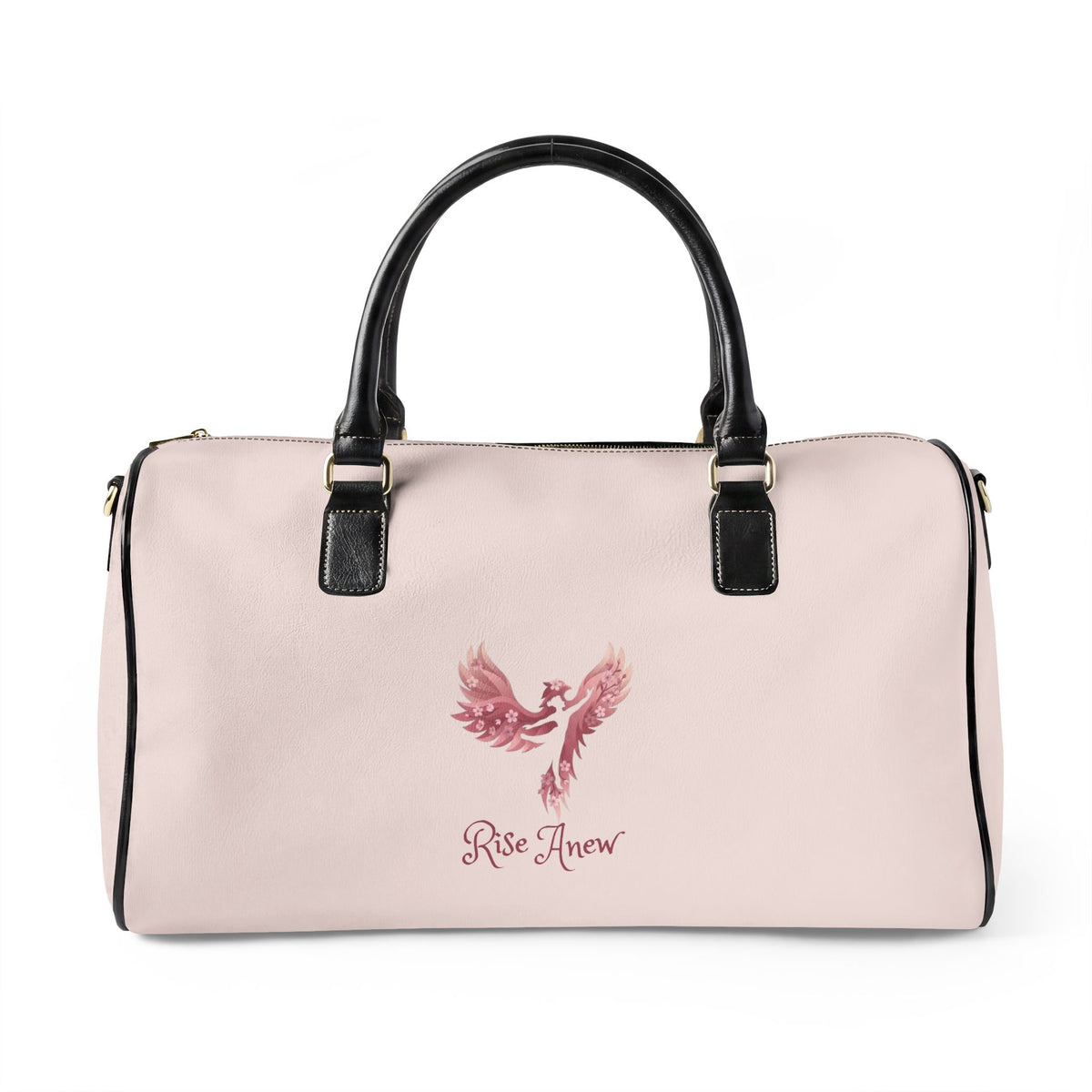 Rise Anew Phoenix Firebird Travel Bag — Pink Faux Leather Duffle with "Rise Anew" Inspirational Design