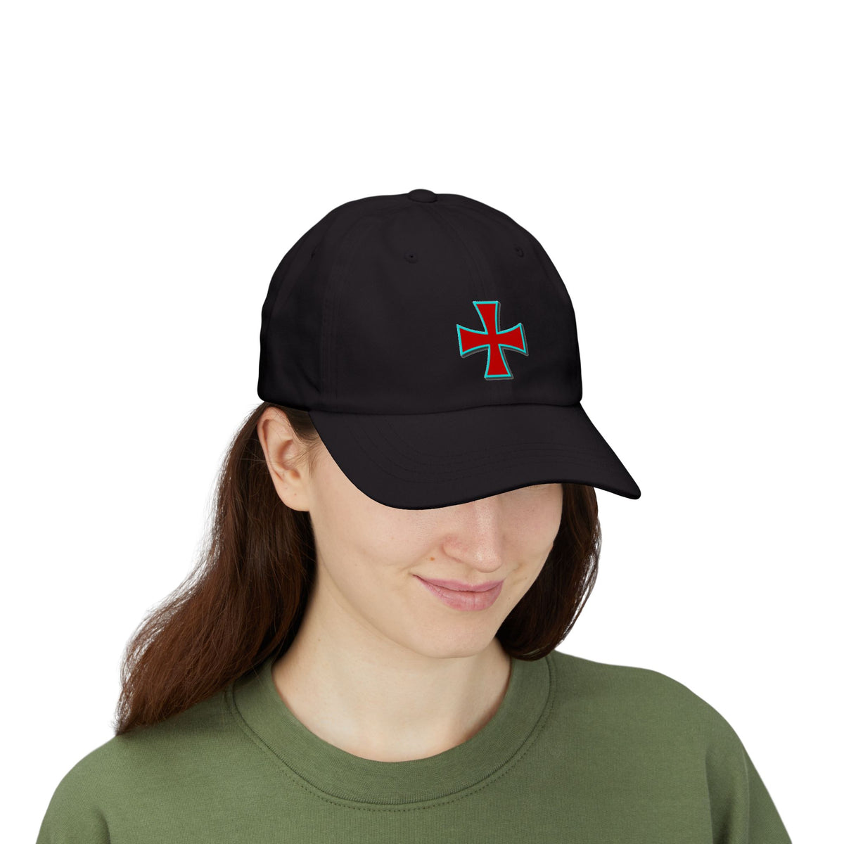 Embroidered Red Crusader Cross Hat with Turquoise Outline
