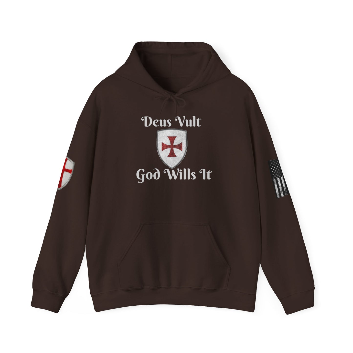 Crusader Cross Hoodie — "Deus Vult / God Wills It" Patriotic Flag Graphic