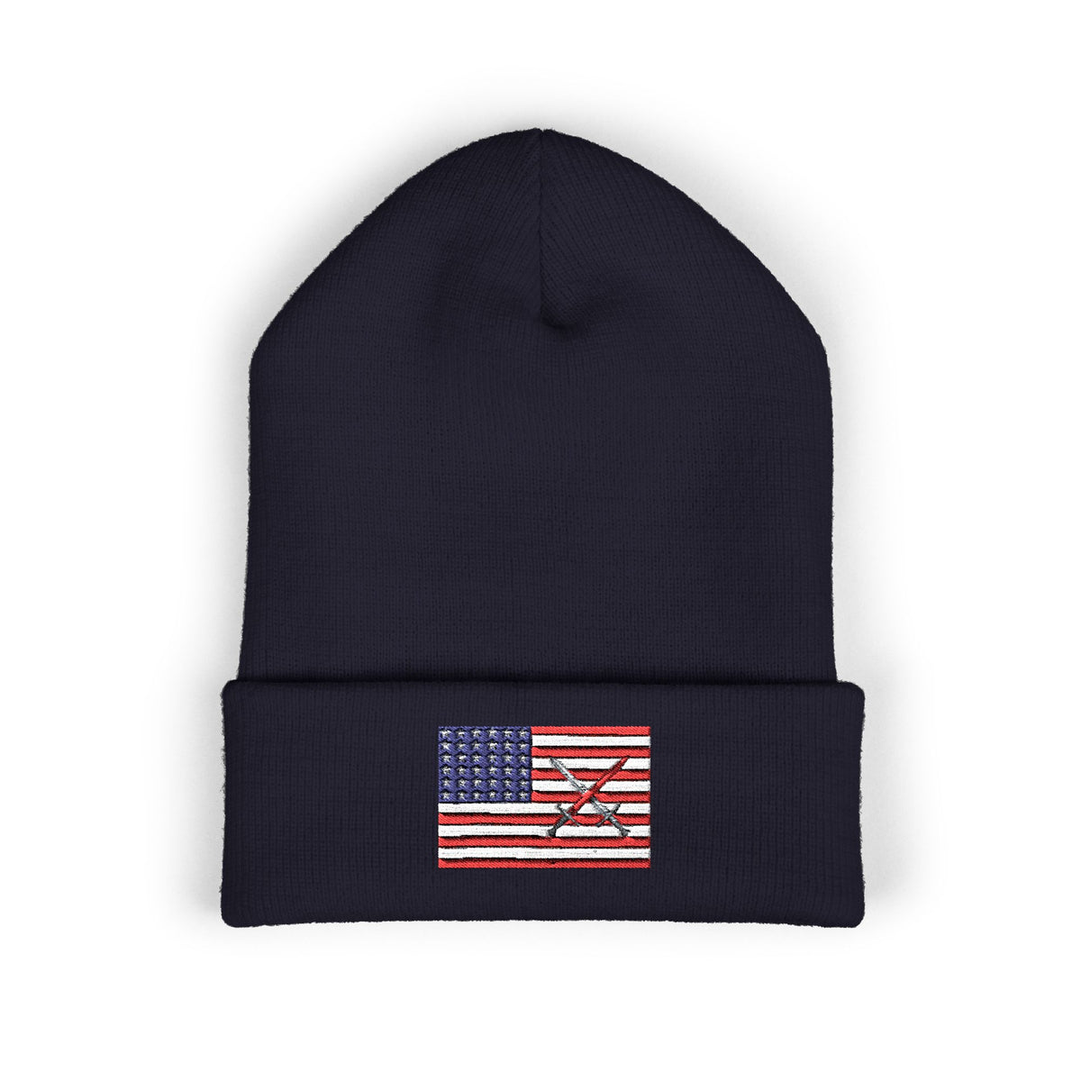Embroidered American Flag Cuffed Beanie  with Crusader Swords Crossed — USA Patriotic Knit Hat