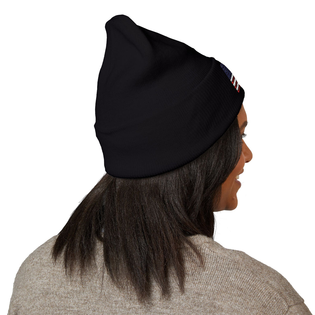Embroidered American Flag Cuffed Beanie  with Crusader Swords Crossed — USA Patriotic Knit Hat