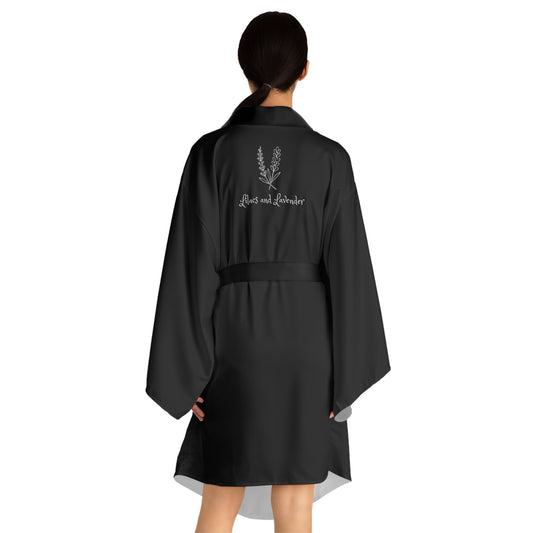Black Kimono Robe — Lilacs and Lavender Embroidered Long Sleeve