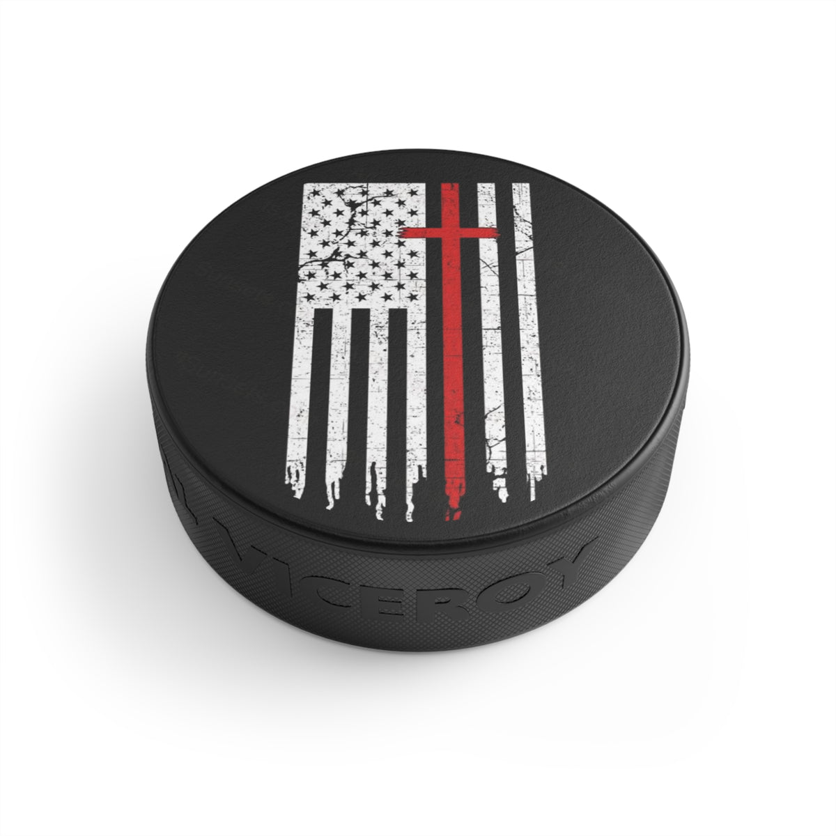Hockey Puck – Distressed American Flag with Red Cross Design