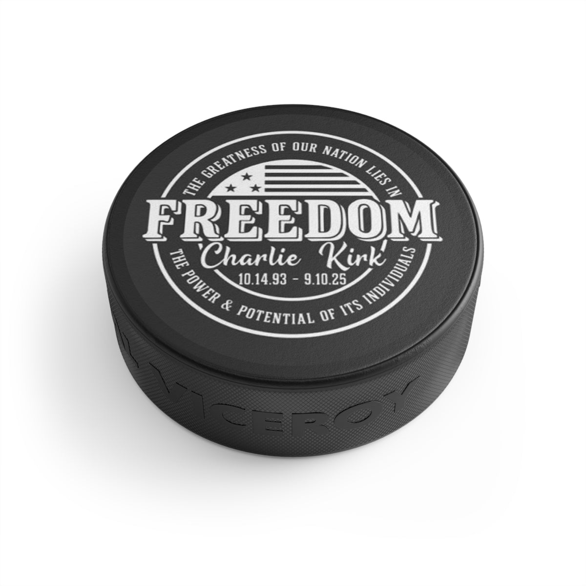Memorial Hockey Puck – "Freedom" Tribute with Name & Dates (Charlie Kirk)