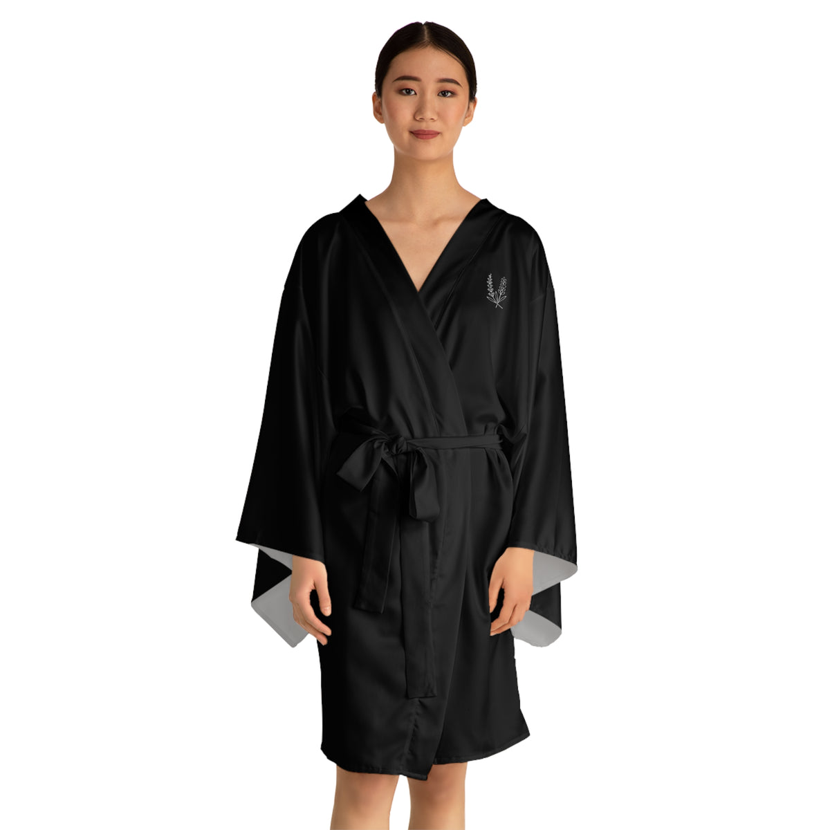 Black Kimono Robe — Lilacs and Lavender Embroidered Long Sleeve
