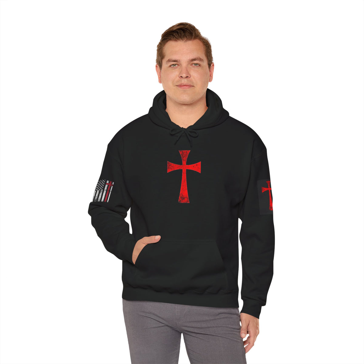 Crusader Red Cross with Vintage flag I Stand for the Flag and Kneed for the Cross