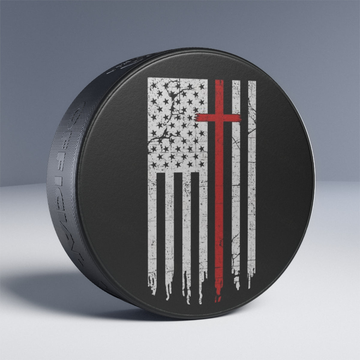 Hockey Puck – Distressed American Flag with Red Cross Design