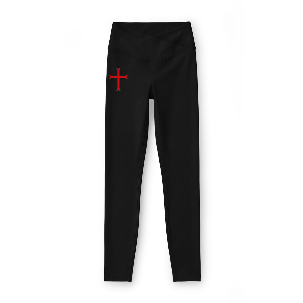 Women’s Black Leggings with Red Crusader Cross Accent — Luxe High-Waist Activewear