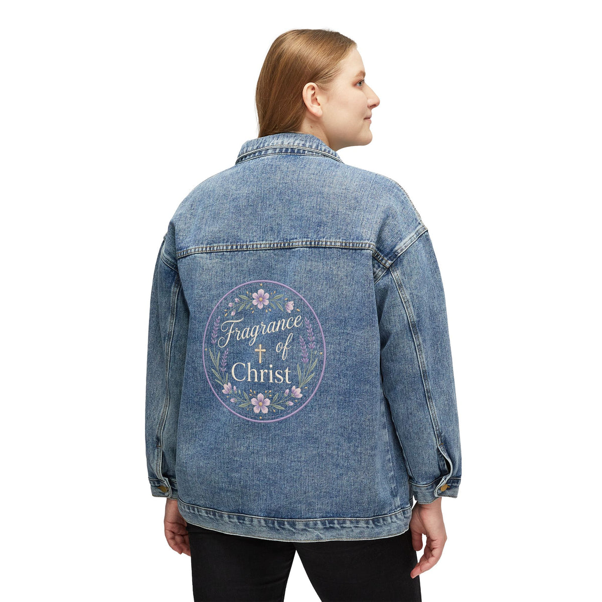 Women's Denim Jacket — 'Fragrant of Christ' Floral Backprint Christian Jacket