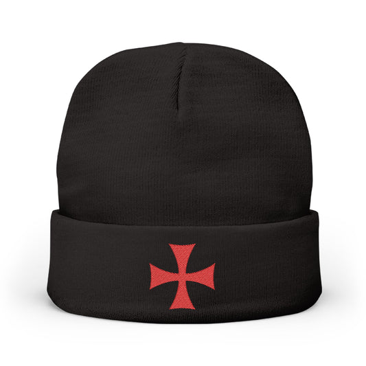 Embroidered Crusader Cross Knit Beanie — Red Cross Winter Hat