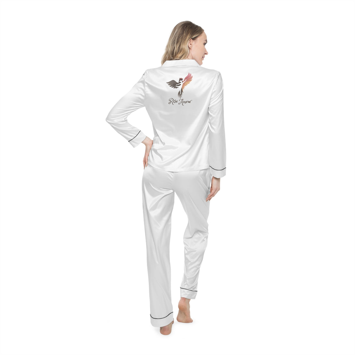 Women's Satin Pajama Set – White Satin Lounge Pajamas with Rise Anew Design
