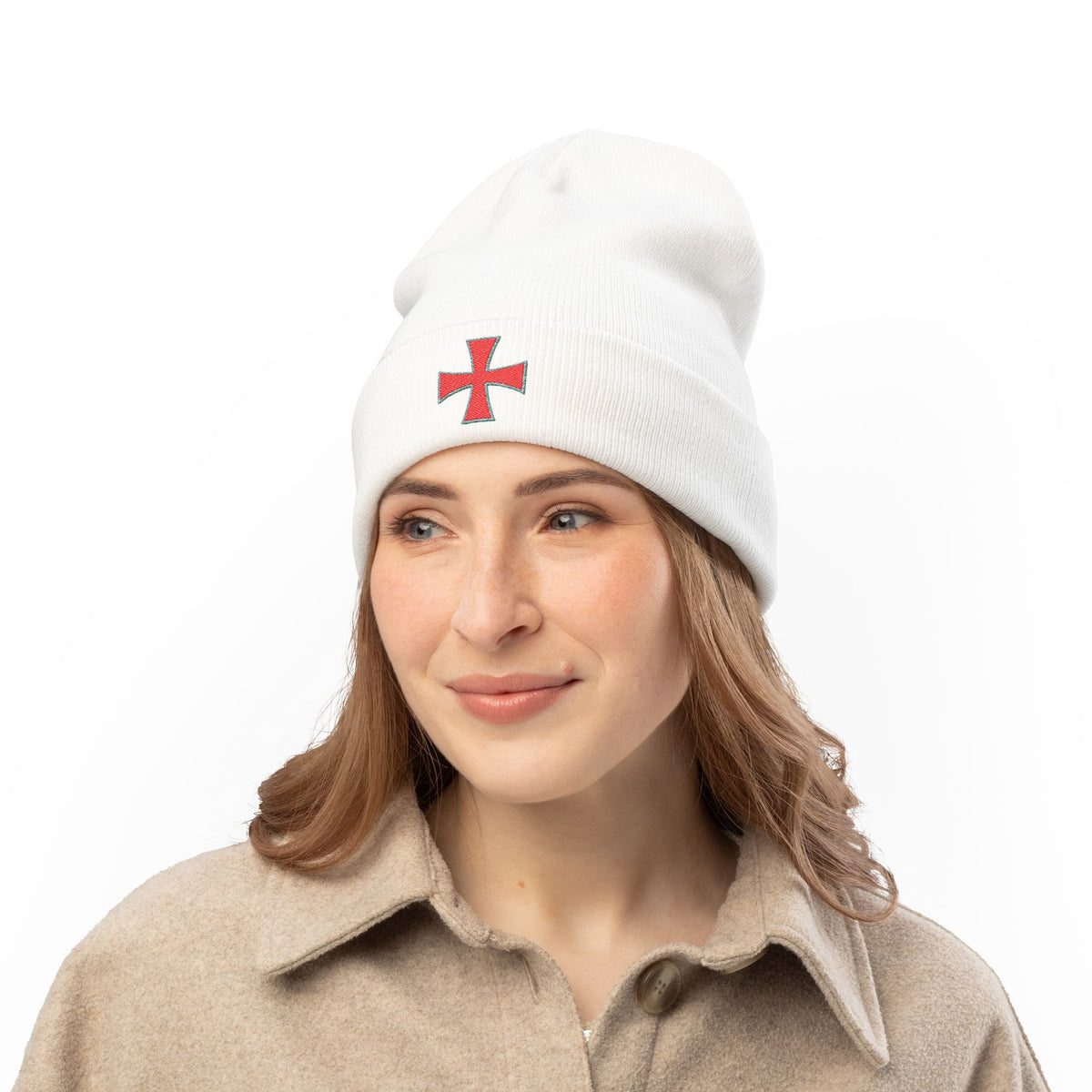 Embroidered Red Crusader Cross Knit Beanie - Gothic Streetwear Winter Hat