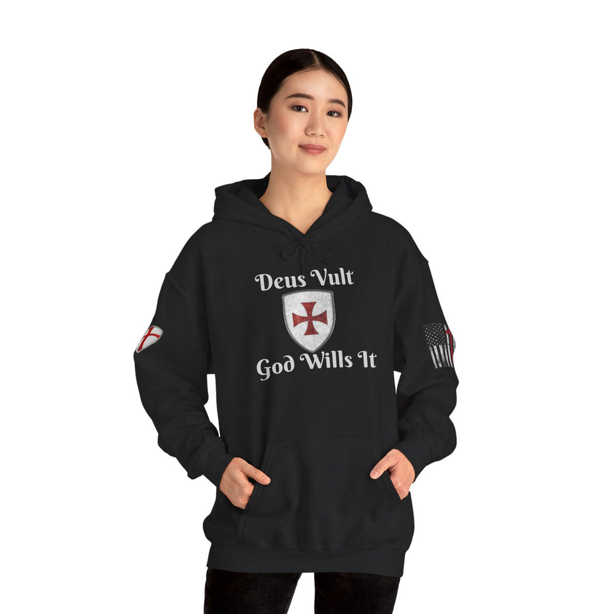 Crusader Cross Hoodie — "Deus Vult / God Wills It" Patriotic Flag Graphic
