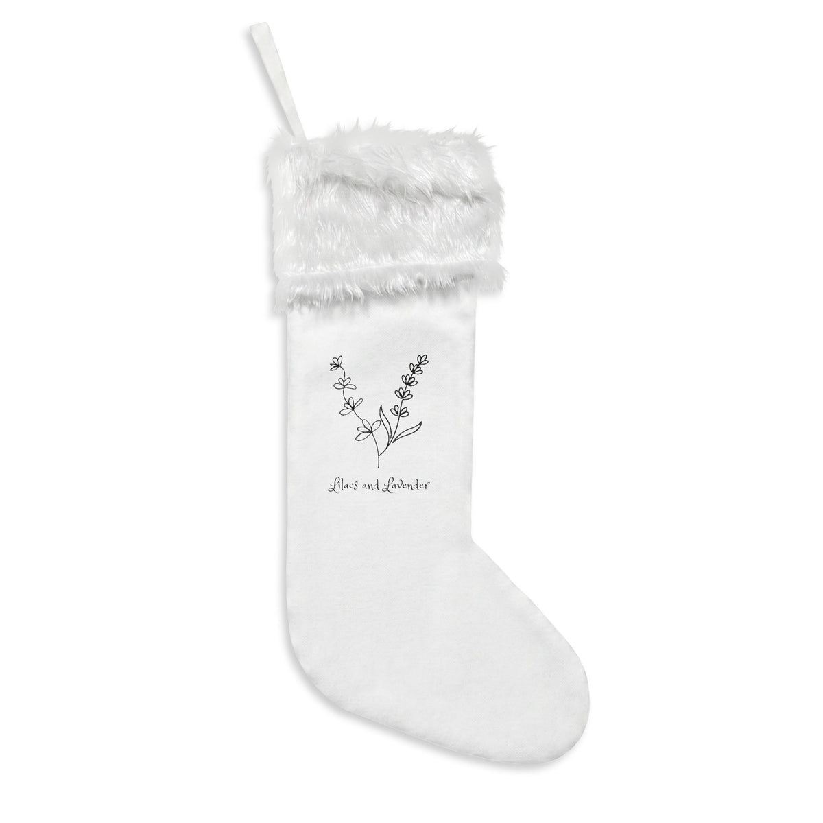 Lilacs and Lavender Signature Christmas Stocking — White Faux Fur Cuff with Minimal Winter Sprig Design