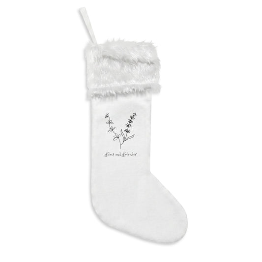 Lilacs and Lavender Signature Christmas Stocking — White Faux Fur Cuff with Minimal Winter Sprig Design