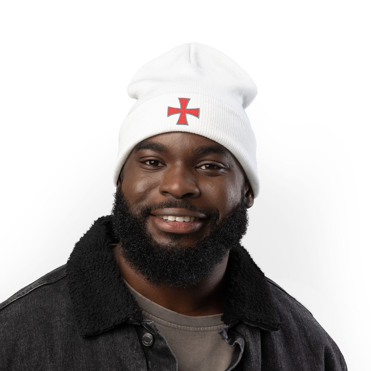 Embroidered Red Crusader Cross Knit Beanie - Gothic Streetwear Winter Hat