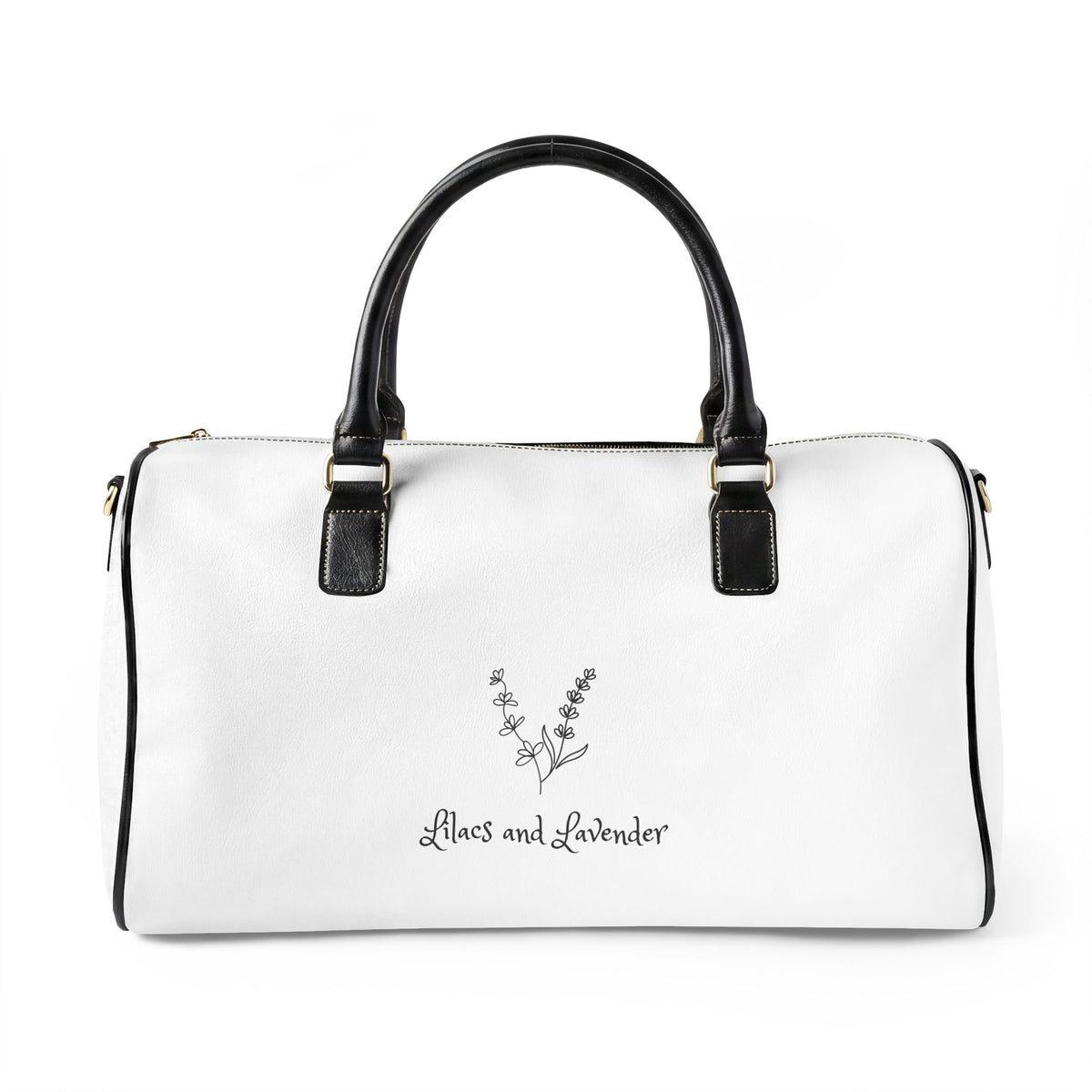 Lilacs and Lavender Faux Leather Travel Bag — White Weekender Duffel