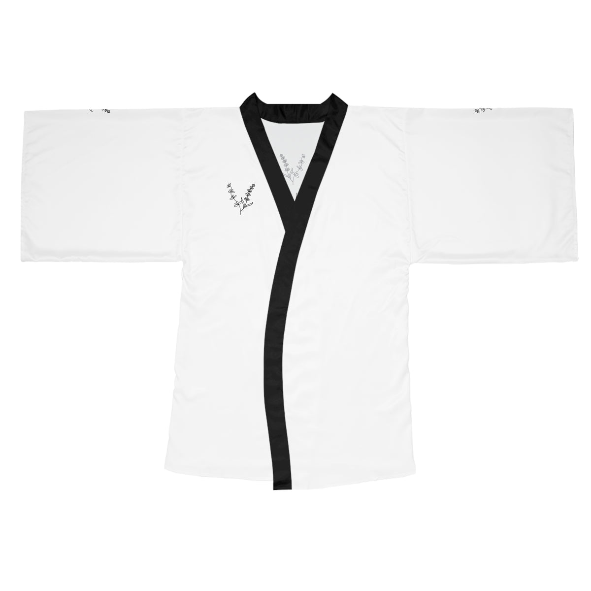 White Kimono Robe with Black Trim — Minimal Floral Accent