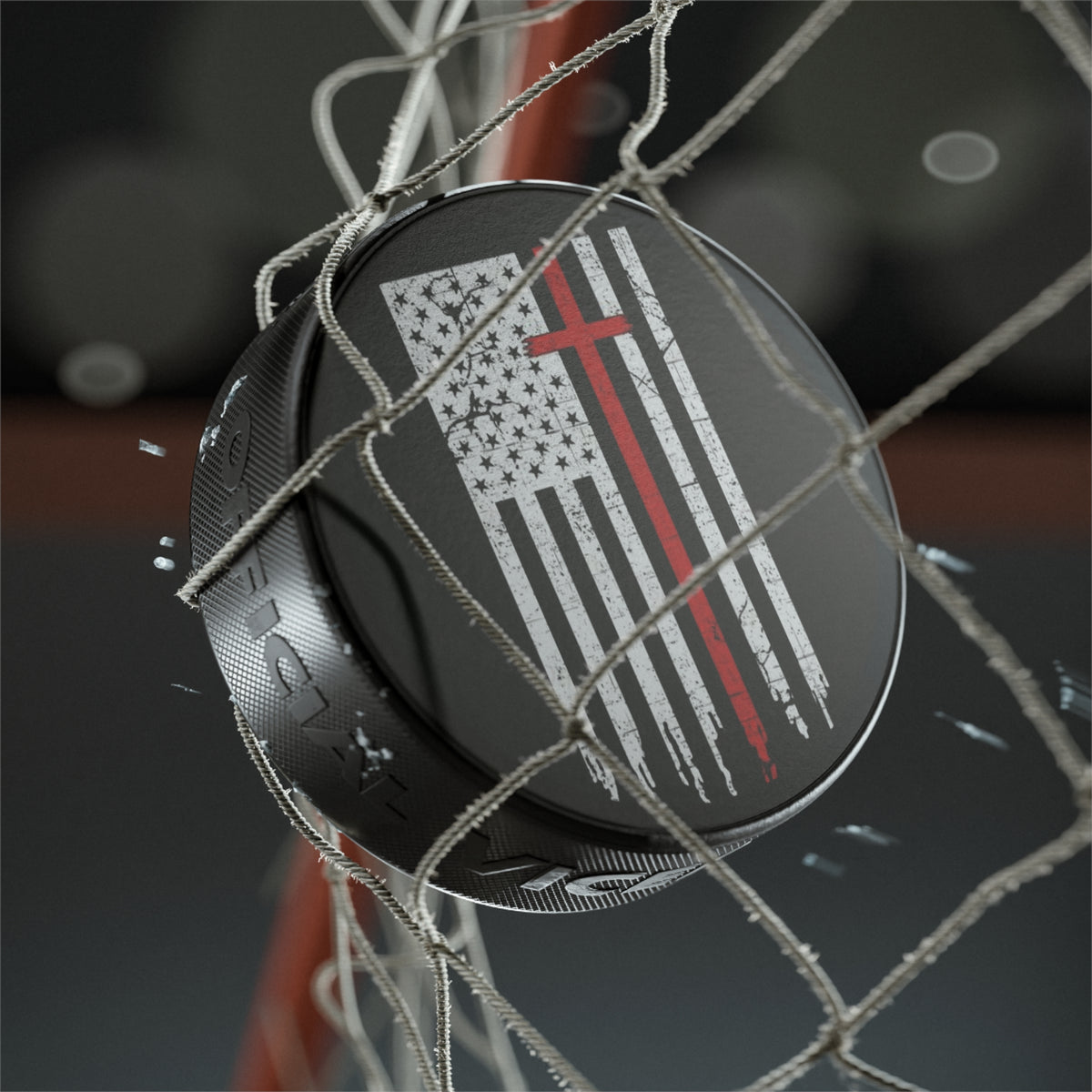 Hockey Puck – Distressed American Flag with Red Cross Design