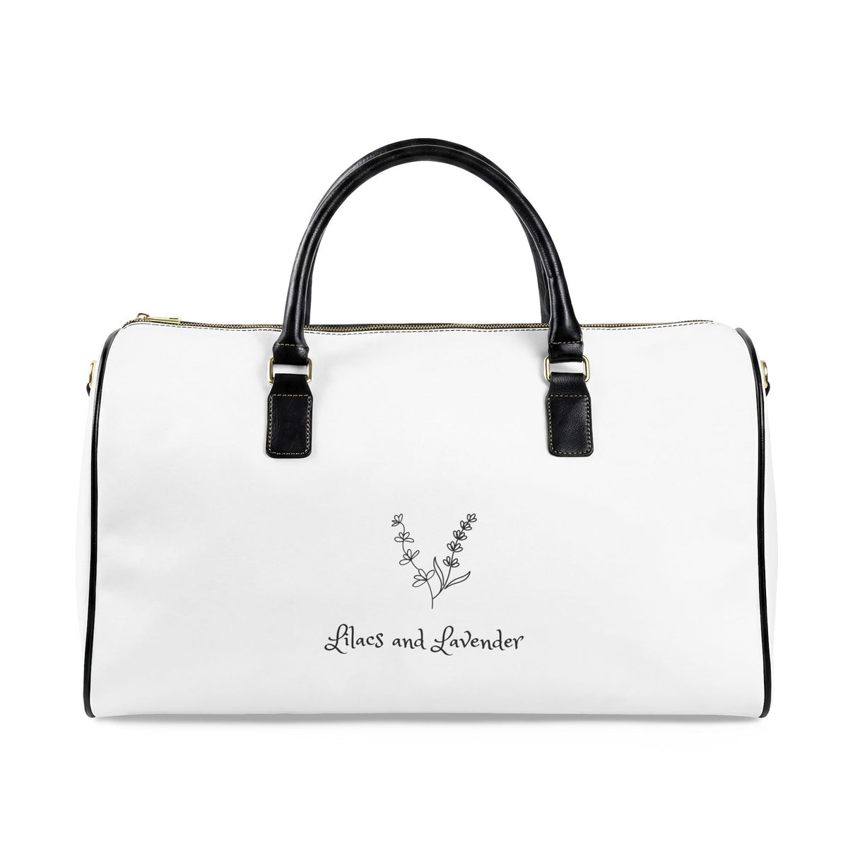 Lilacs and Lavender Faux Leather Travel Bag — White Weekender Duffel