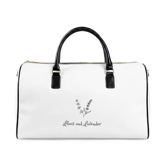 Lilacs and Lavender Faux Leather Travel Bag — White Weekender Duffel