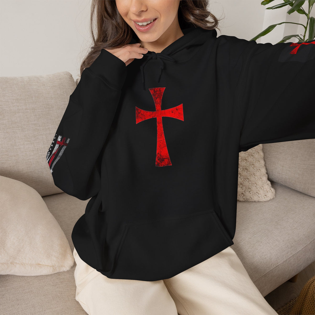 Crusader Red Cross with Vintage flag I Stand for the Flag and Kneed for the Cross