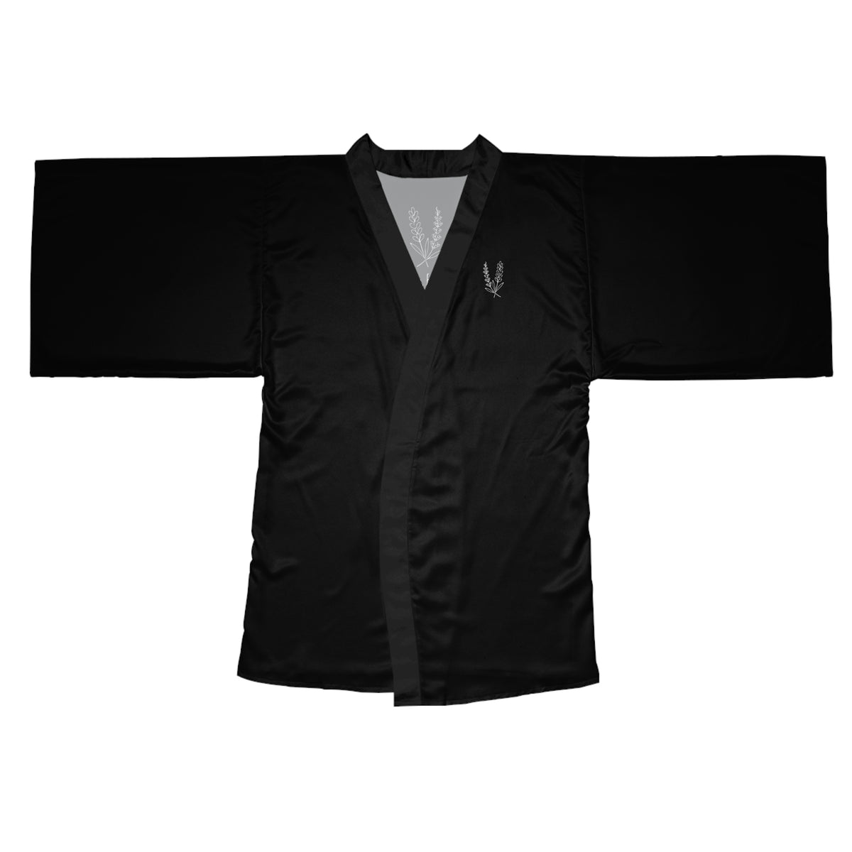Black Kimono Robe — Lilacs and Lavender Embroidered Long Sleeve