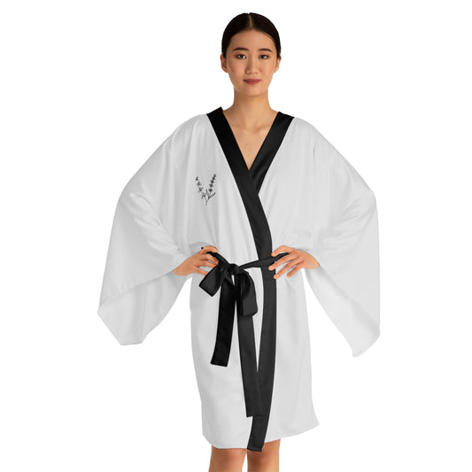 White Kimono Robe with Black Trim — Minimal Floral Accent