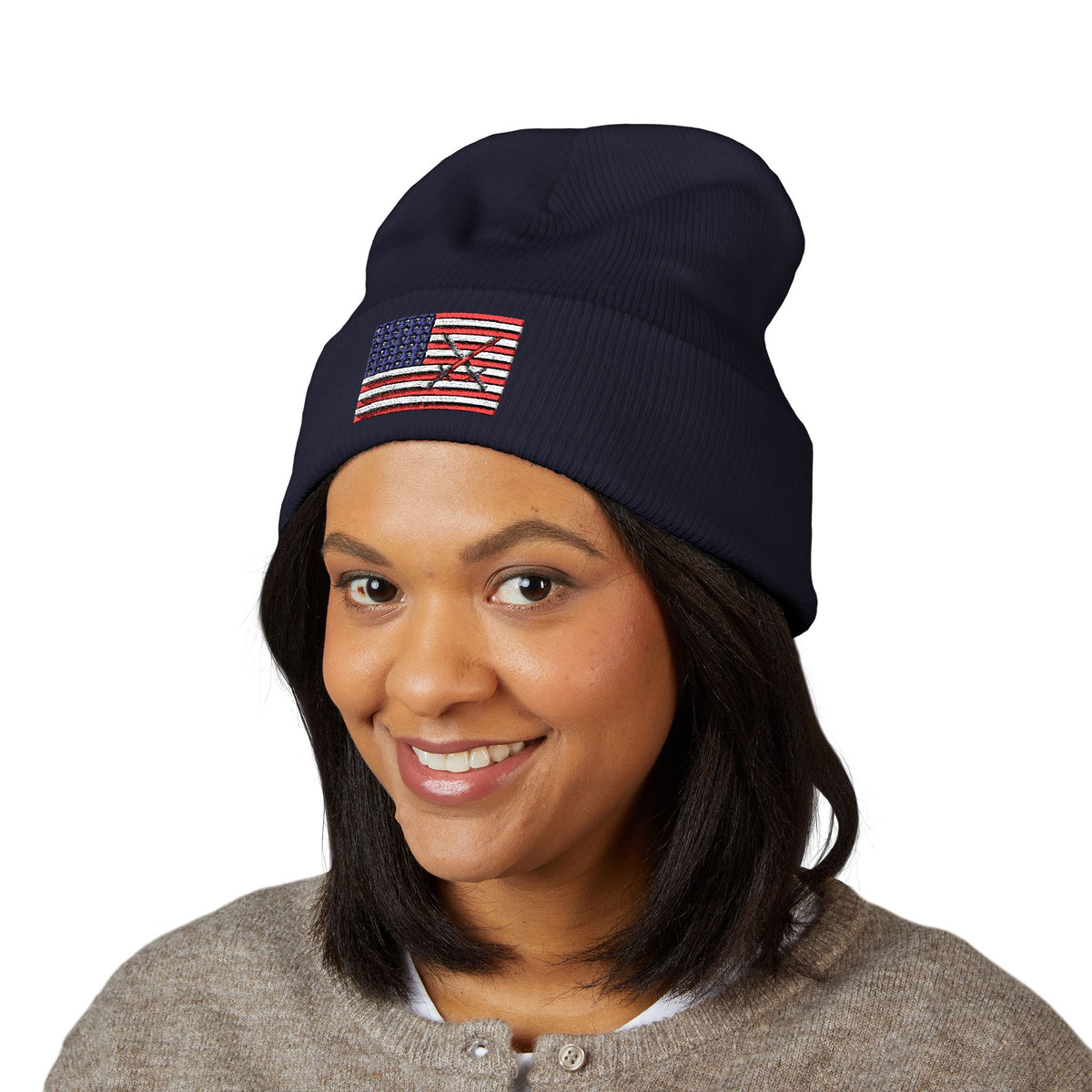 Embroidered American Flag Cuffed Beanie  with Crusader Swords Crossed — USA Patriotic Knit Hat