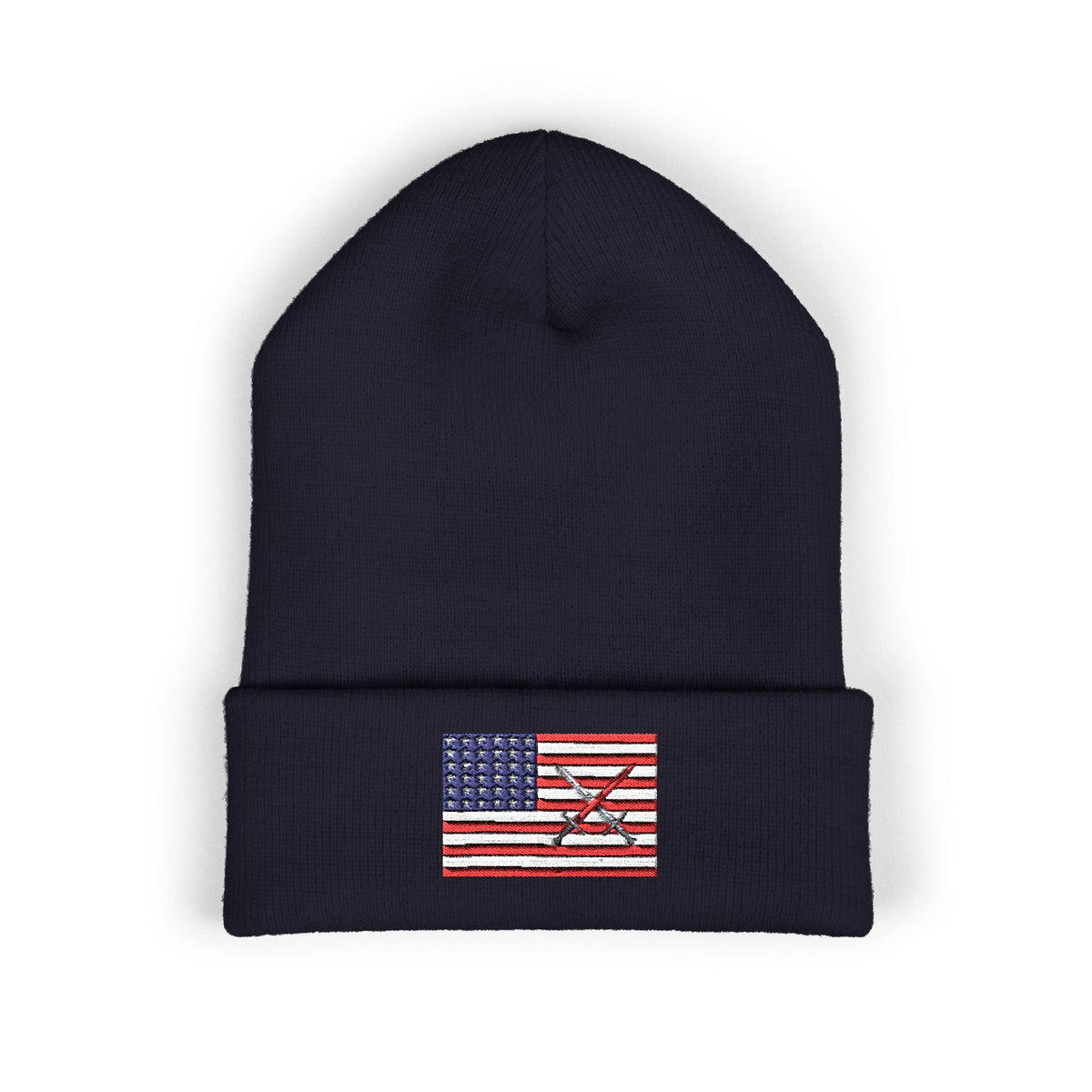 Embroidered American Flag Cuffed Beanie  with Crusader Swords Crossed — USA Patriotic Knit Hat