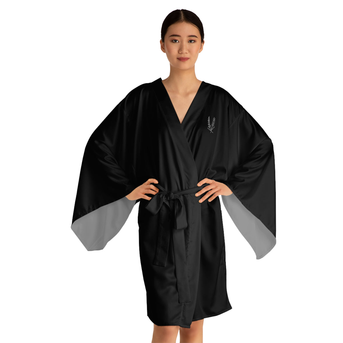 Black Kimono Robe — Lilacs and Lavender Embroidered Long Sleeve