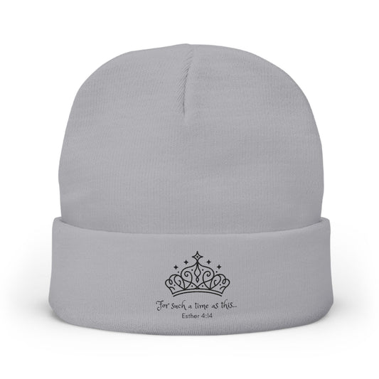 Embroidered Crown Knit Beanie — 'For such a time as this' Cozy Winter Hat