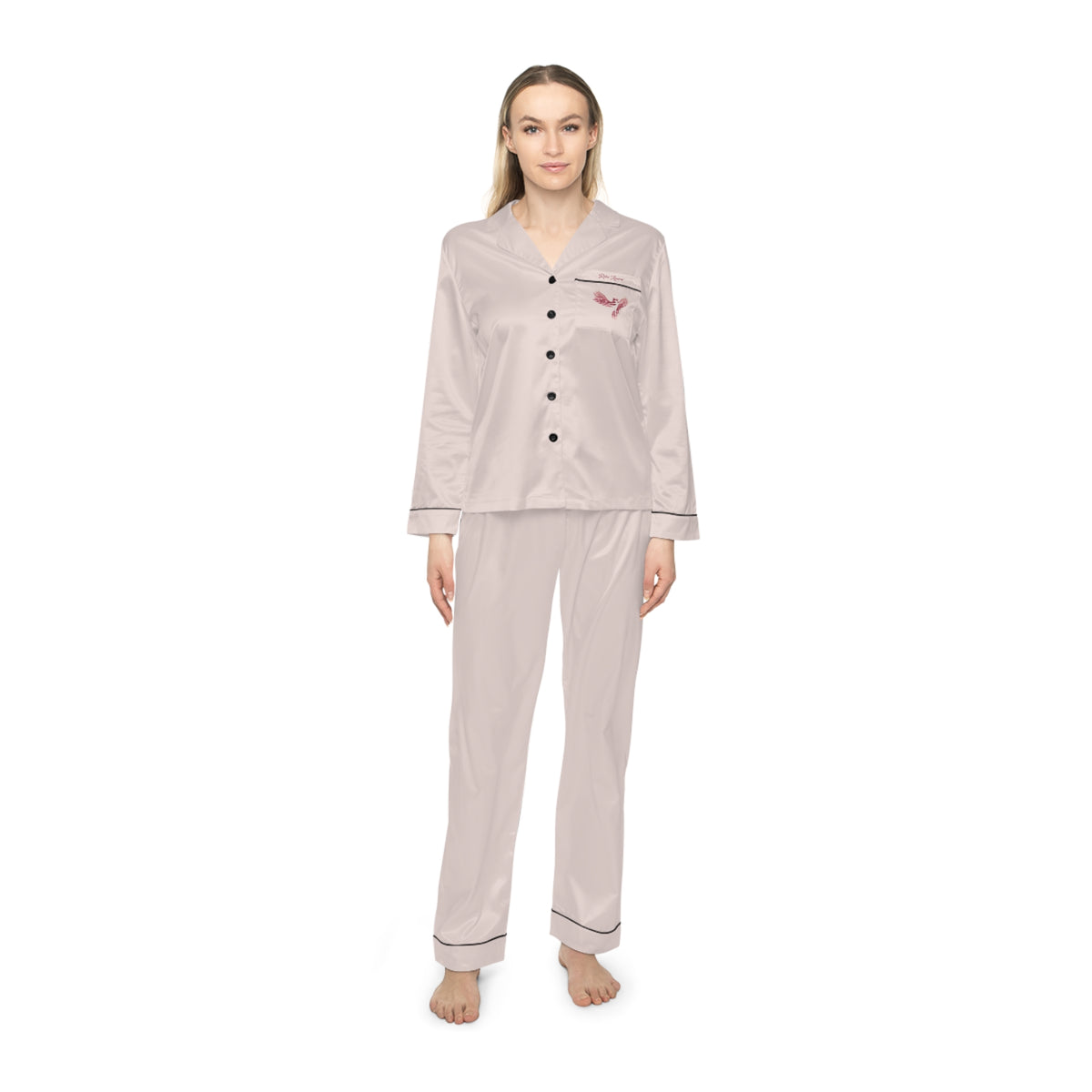 Women's Satin Pajama Set — Blush Pink Satin Sleepwear with Rise Anew Embroidery
