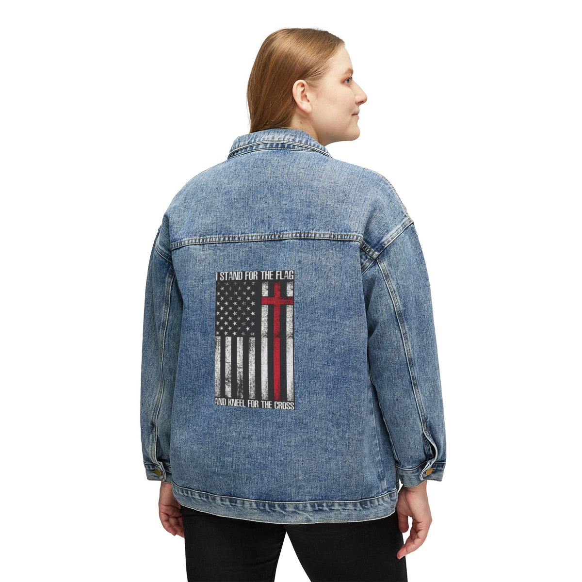 Women's Denim Jacket - 'I Stand For The Flag, You Kneel For The Cross' Patriotic Christian Back Print