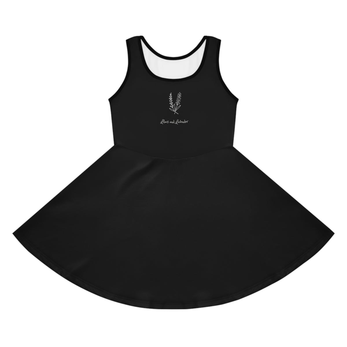 Girls' Black Sundress with Lilacs and Lavender Illustration — Sleeveless Twirl Dress