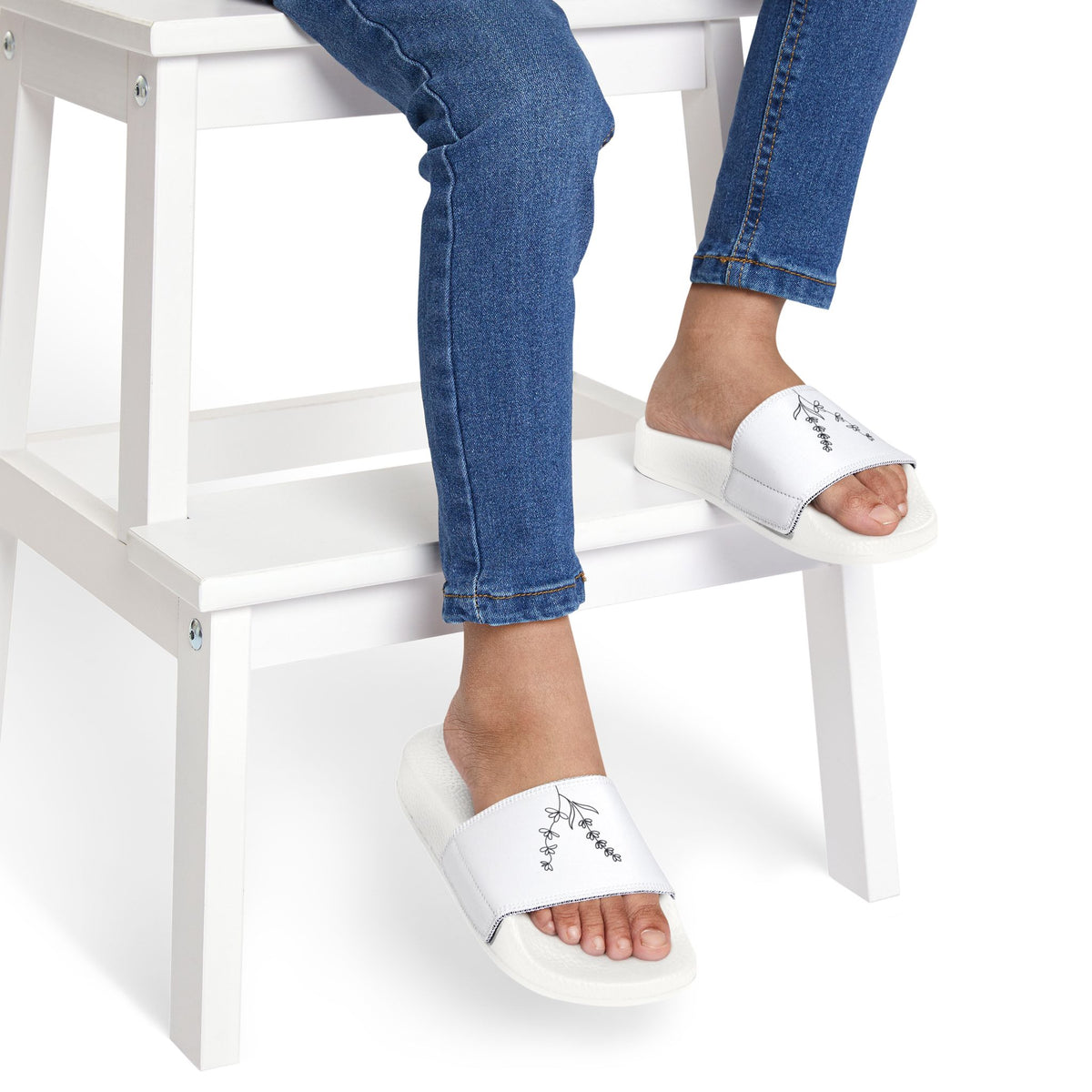 Youth Floral Slide Sandals — Removable Strap White Lavender Design
