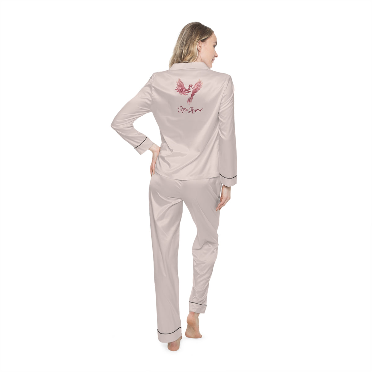 Women's Satin Pajama Set — Blush Pink Satin Sleepwear with Rise Anew Embroidery