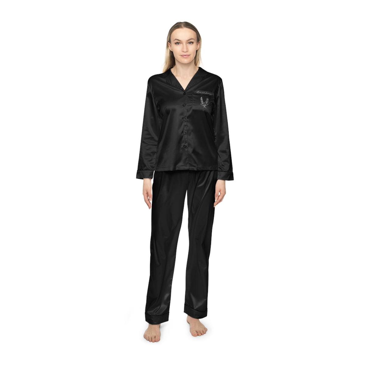 Black Satin Pajama Set — Women's Luxury Sleepwear with 'Lilacs and Lavender' Back Script