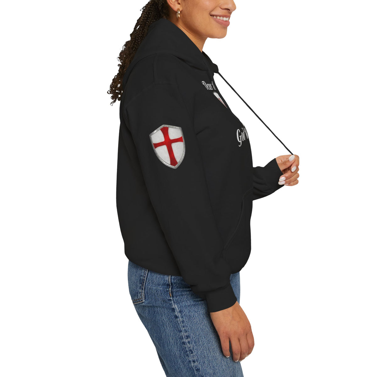 Crusader Cross Hoodie — "Deus Vult / God Wills It" Patriotic Flag Graphic